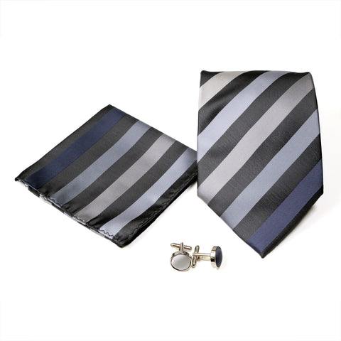 Men's Classic Black-Blue Striped Design 4-pc Necktie Box Set