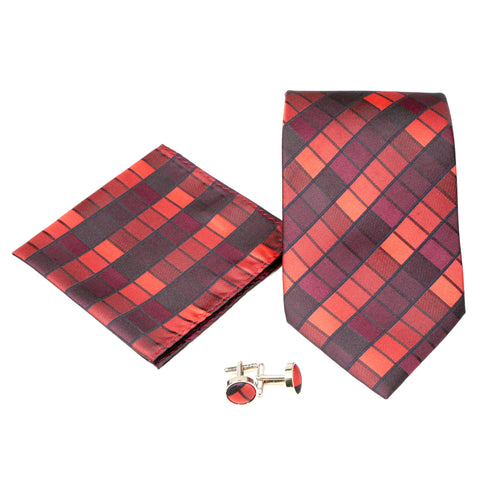 Men's Red/Black Square Geometric Pattern Design 4-pc Necktie Box Set