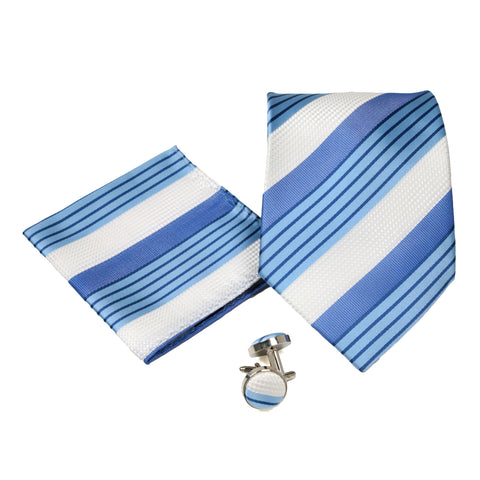 Men's Blue-White Stripe Pattern Design 4-pc Necktie Box Set