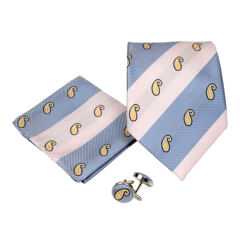 Men's Blue-Tan Paisley Stripe Pattern Design 4-pc Necktie Box Set