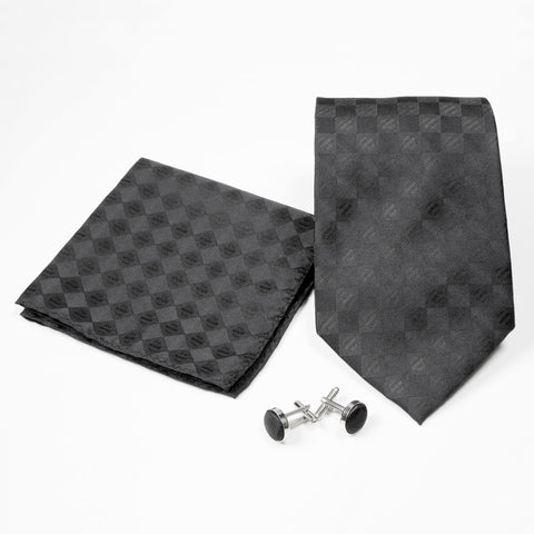 Men's Modern Black on Black Checkered Design 4-pc Necktie Box Set