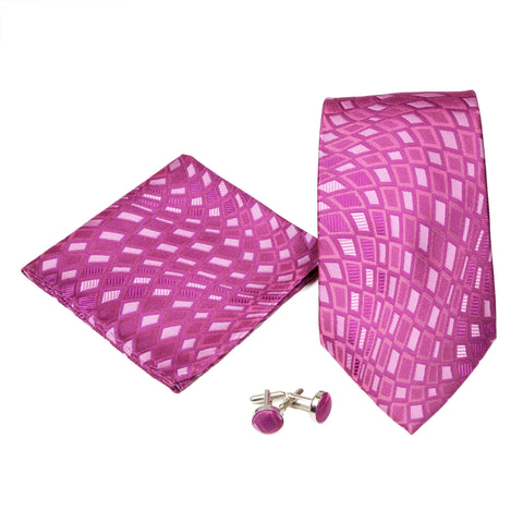 Men's Funky Magenta-Purple Distorted Square Pattern Design 4-pc Necktie Box Set