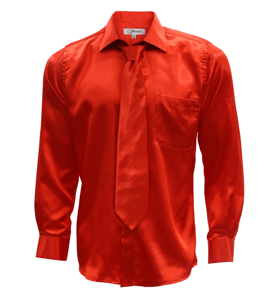 Burnt Red Satin Regular Fit Dress Shirt, Tie & Hanky Set - FHYINC best men