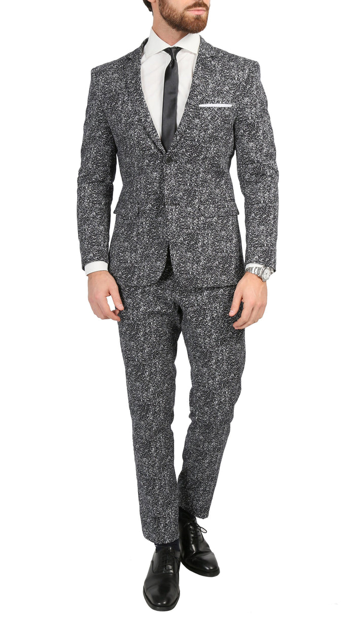 Chicago Slim Fit Black & White Spotted Notch Lapel Suit - FHYINC best men's suits, tuxedos, formal men's wear wholesale