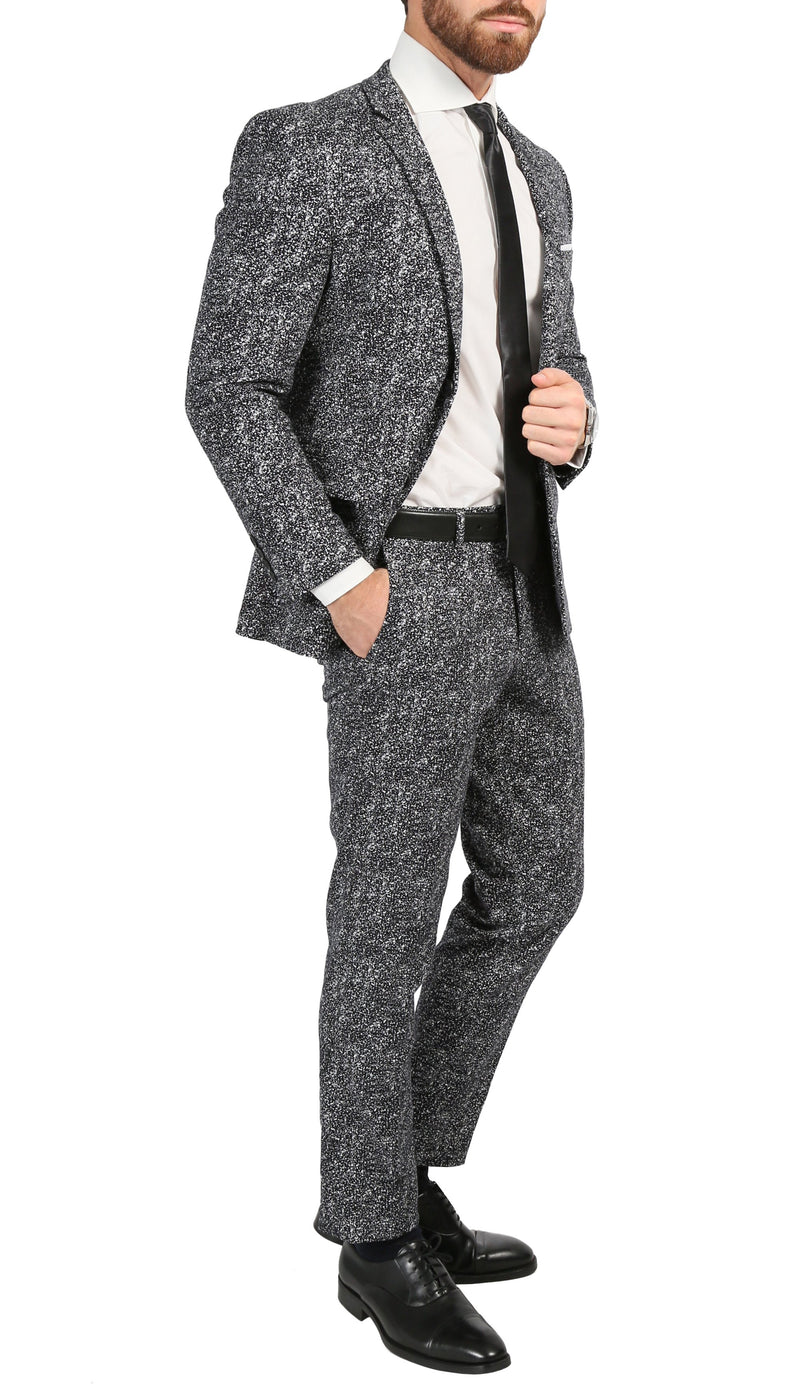 Chicago Slim Fit Black & White Spotted Notch Lapel Suit - FHYINC best men's suits, tuxedos, formal men's wear wholesale