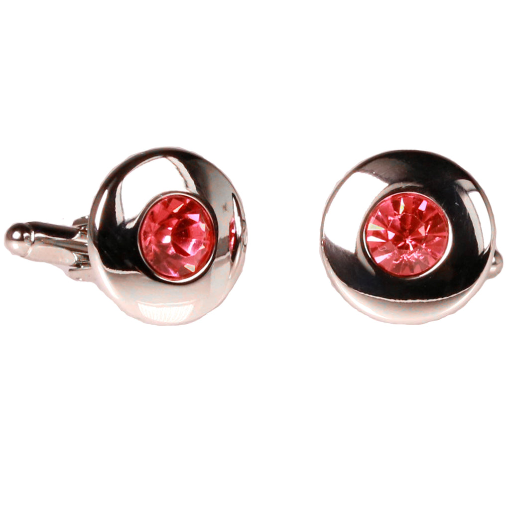Silvertone Circle Pink Gemstone Cufflinks with Jewelry Box - FHYINC best men