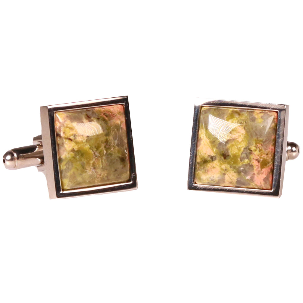 Silvertone Square Orange/Green Marble Cufflinks with Jewelry Box - FHYINC best men