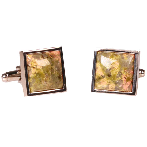 Silvertone Square Orange/Green Marble Cufflinks with Jewelry Box