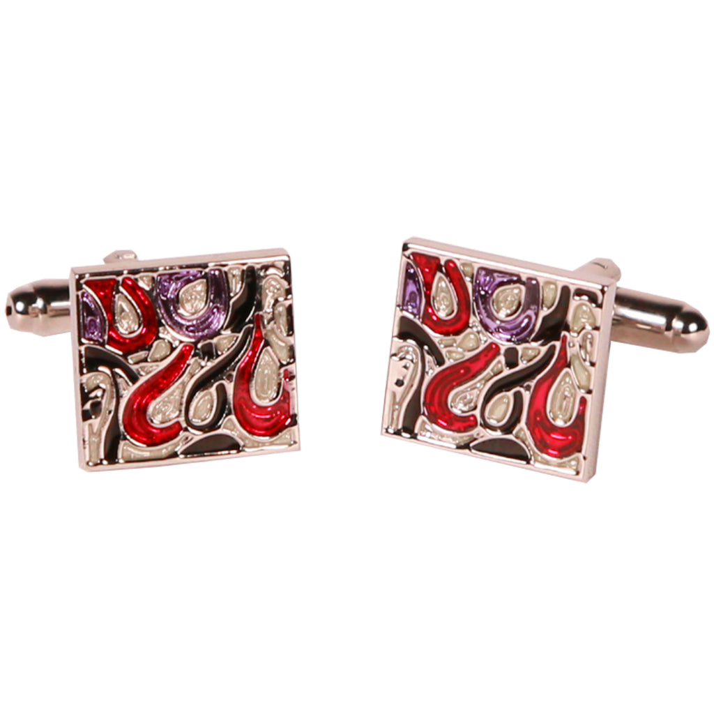 Silvertone Square Red Geometric Pattern Cufflinks Cufflinks with Jewelry Box - FHYINC best men