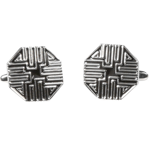 Silvertone Silver Geometric Pattern Cufflinks with Jewelry Box