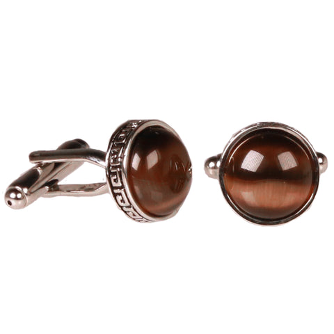 Silvertone Circle Brown Stone Cufflinks with Jewelry Box
