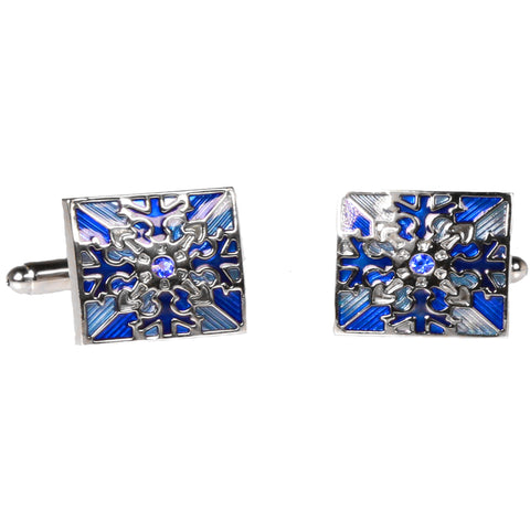 Silvertone Square Blue Pattern Cufflinks with Jewelry Box