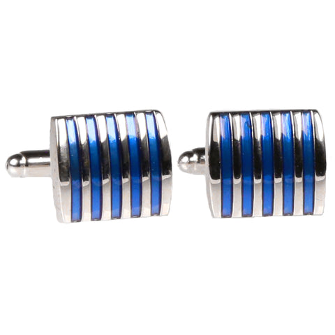 Silvertone Square Blue Stripes Cufflinks with Jewelry Box