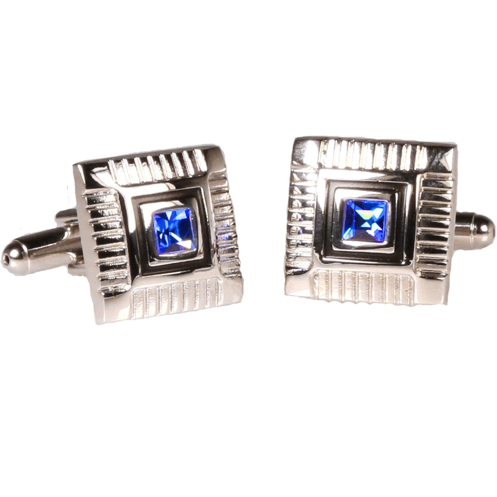 Silvertone Square Blue Gemstone Cufflinks with Jewelry Box - FHYINC best men