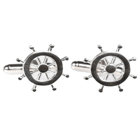 Silvertone Novelty Ship Wheel Cufflinks with Jewelry Box