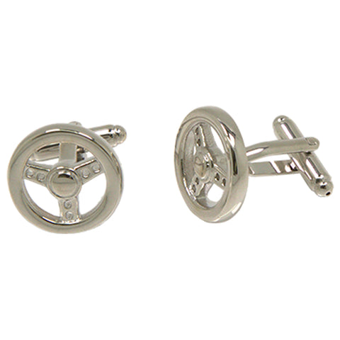 Silvertone Steering Wheel Cufflinks with Jewelry Box