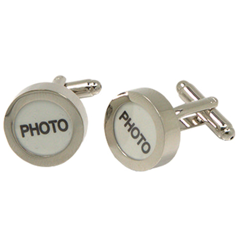 Silvertone Novelty Circle Photo Cufflinks with Jewelry Box
