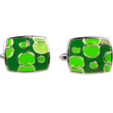 Silvertone Green Geometric Bubble Pattern Cufflinks with Jewelry Box