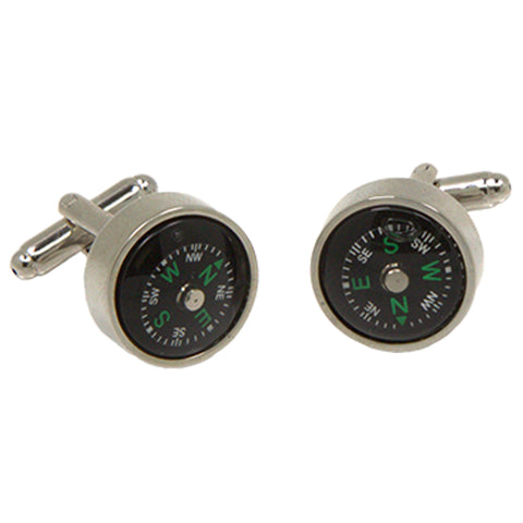 Silvertone Novelty Compass Cufflinks with Jewelry Box