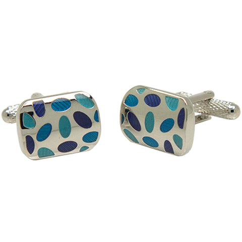 Silvertone Square Blue Oval Pattern Cufflinks with Jewelry Box