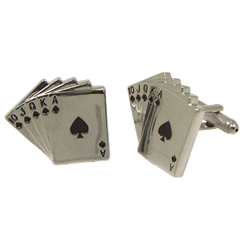 Silvertone Novelty Royal Flush Poker Cards Cufflinks with Jewelry Box