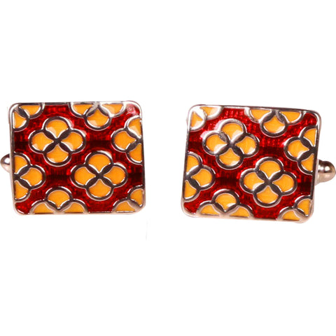 Silvertone Red Geometric Pattern Cufflinks with Jewelry Box