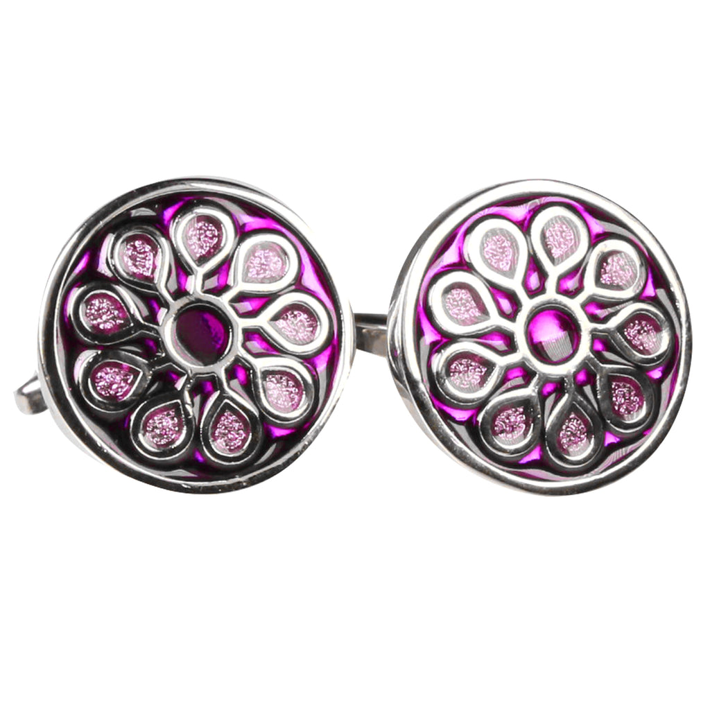 Silvertone Circle Purple Geometric Pattern Cufflinks with Jewelry Box - FHYINC best men