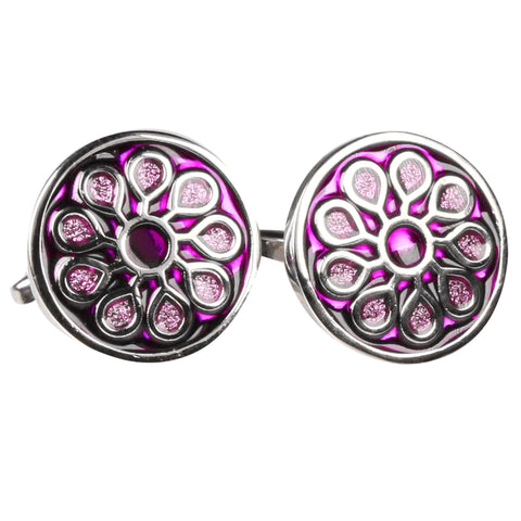 Silvertone Circle Purple Geometric Pattern Cufflinks with Jewelry Box