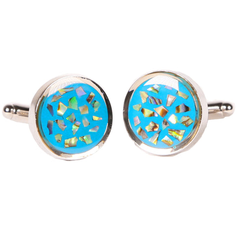 Silvertone Circle Geometric Blue Cufflinks with Jewelry Box