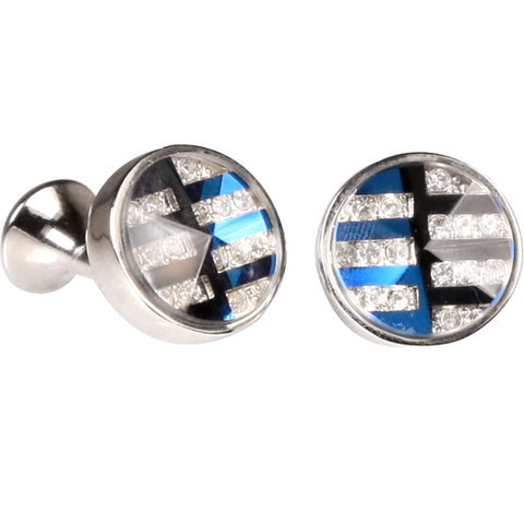 Silvertone Silver and Blue Pattern Cufflinks with Jewelry Box