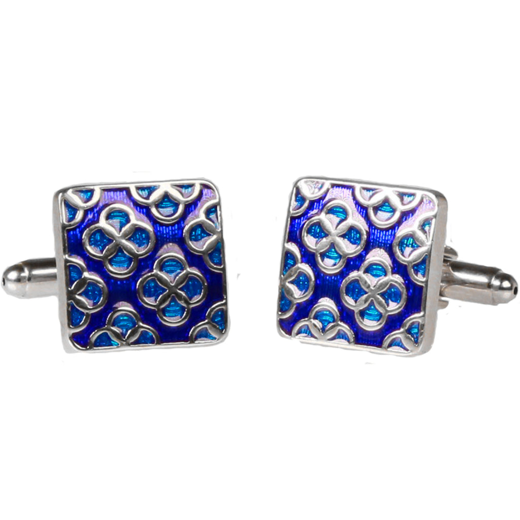 Silvertone Square Blue Geometric Pattern Cufflinks with Jewelry Box - FHYINC best men