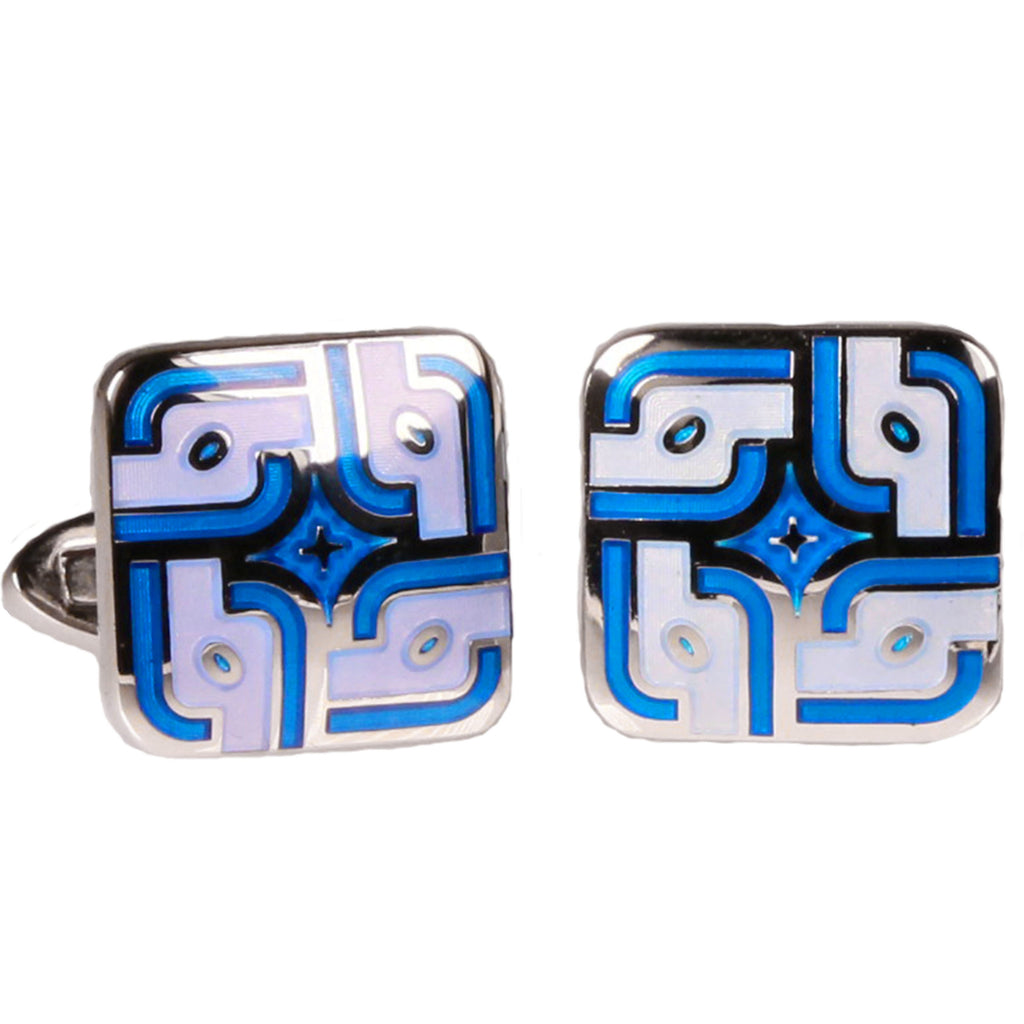 Silvertone Square Blue Pattern Cufflinks with Jewelry Box - FHYINC best men