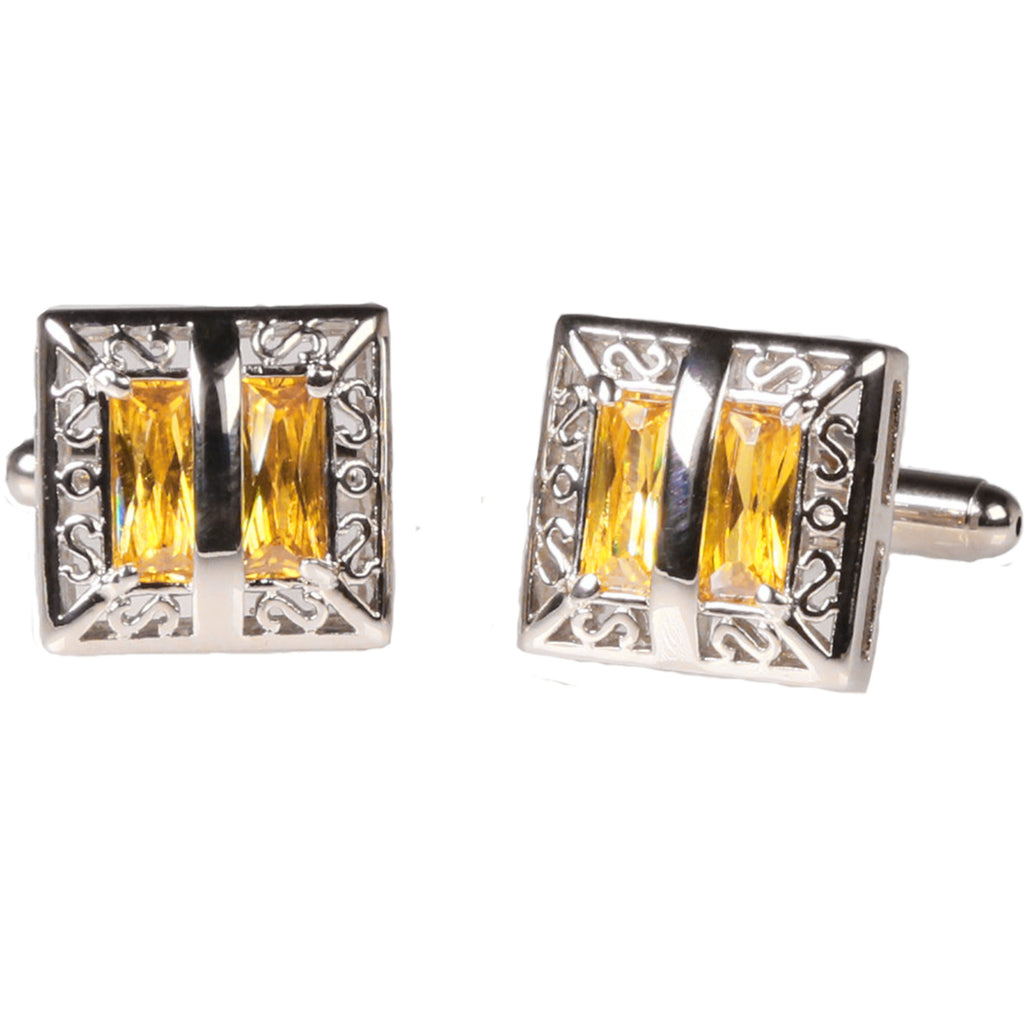 Silvertone Square Yellow Gemstone Cufflinks with Jewelry Box - FHYINC best men
