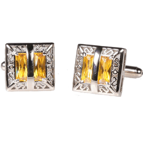 Silvertone Square Yellow Gemstone Cufflinks with Jewelry Box