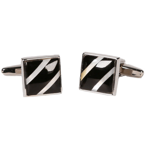 Silvertone Square Black Stripe Cufflinks with Jewelry Box