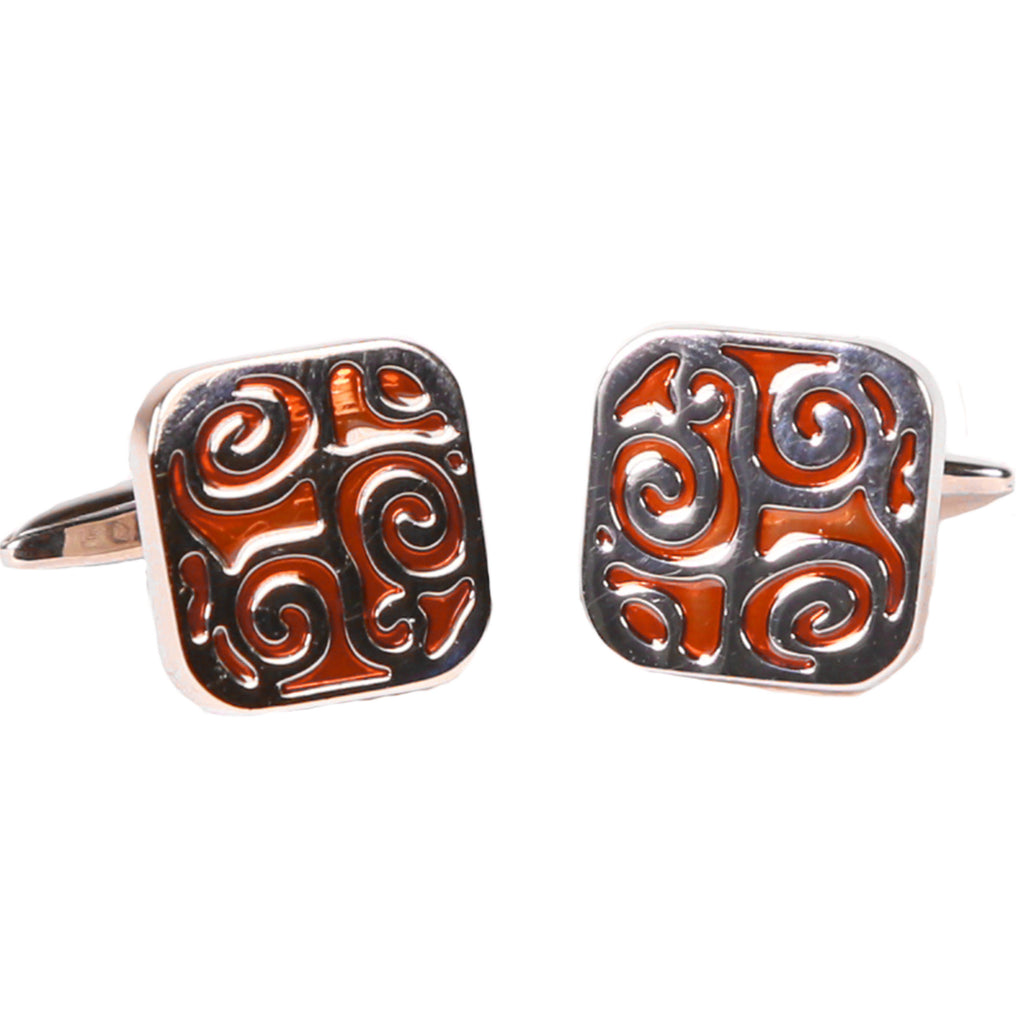 Silvertone Square Orange Geometric Pattern Cufflinks with Jewelry Box - FHYINC best men