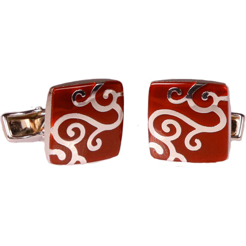 Mens Silvertone Red Paisley Cufflinks with Jewelry Box