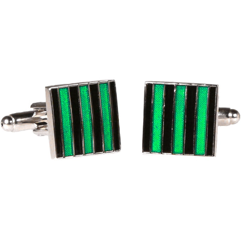 Silvertone Square Green Stripe Cufflinks with Jewelry Box