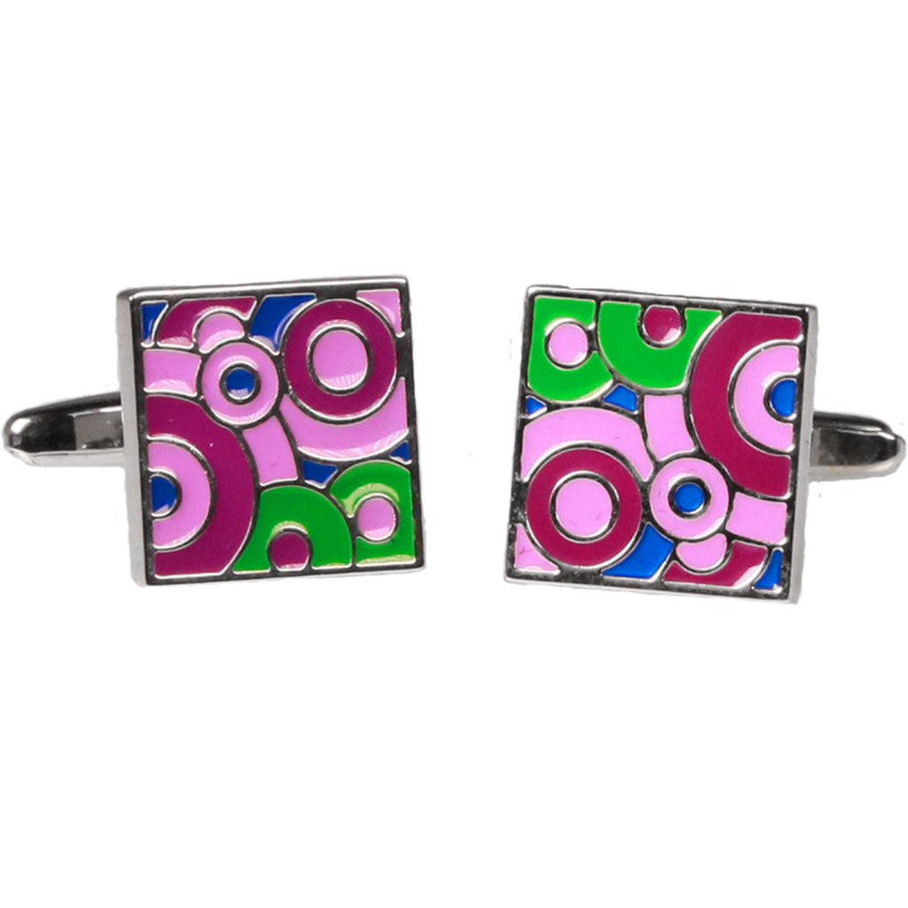 Silvertone Square Pink/Purple Geometric Circles Cufflinks with Jewelry Box - FHYINC best men