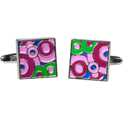 Silvertone Square Pink/Purple Geometric Circles Cufflinks with Jewelry Box