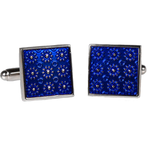 Silvertone Square Blue Geometric Cufflinks with Jewelry Box
