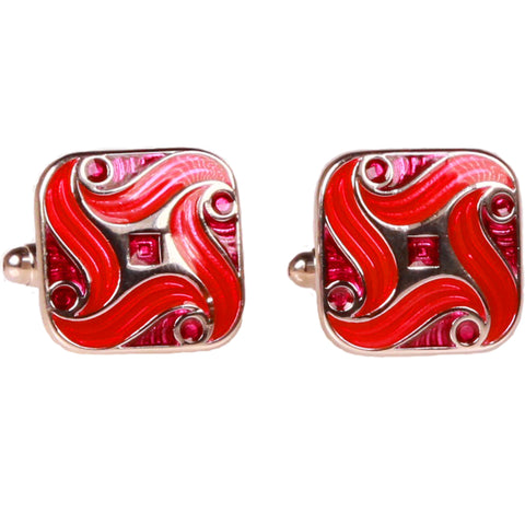 Silvertone Square Red Geometric Pattern Cufflinks with Jewelry Box