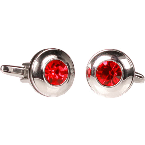 Silvertone Circle Red Stone Cufflinks with Jewelry Box
