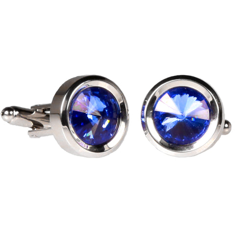 Silvertone Circle Blue Gemstone Cufflinks with Jewelry Box