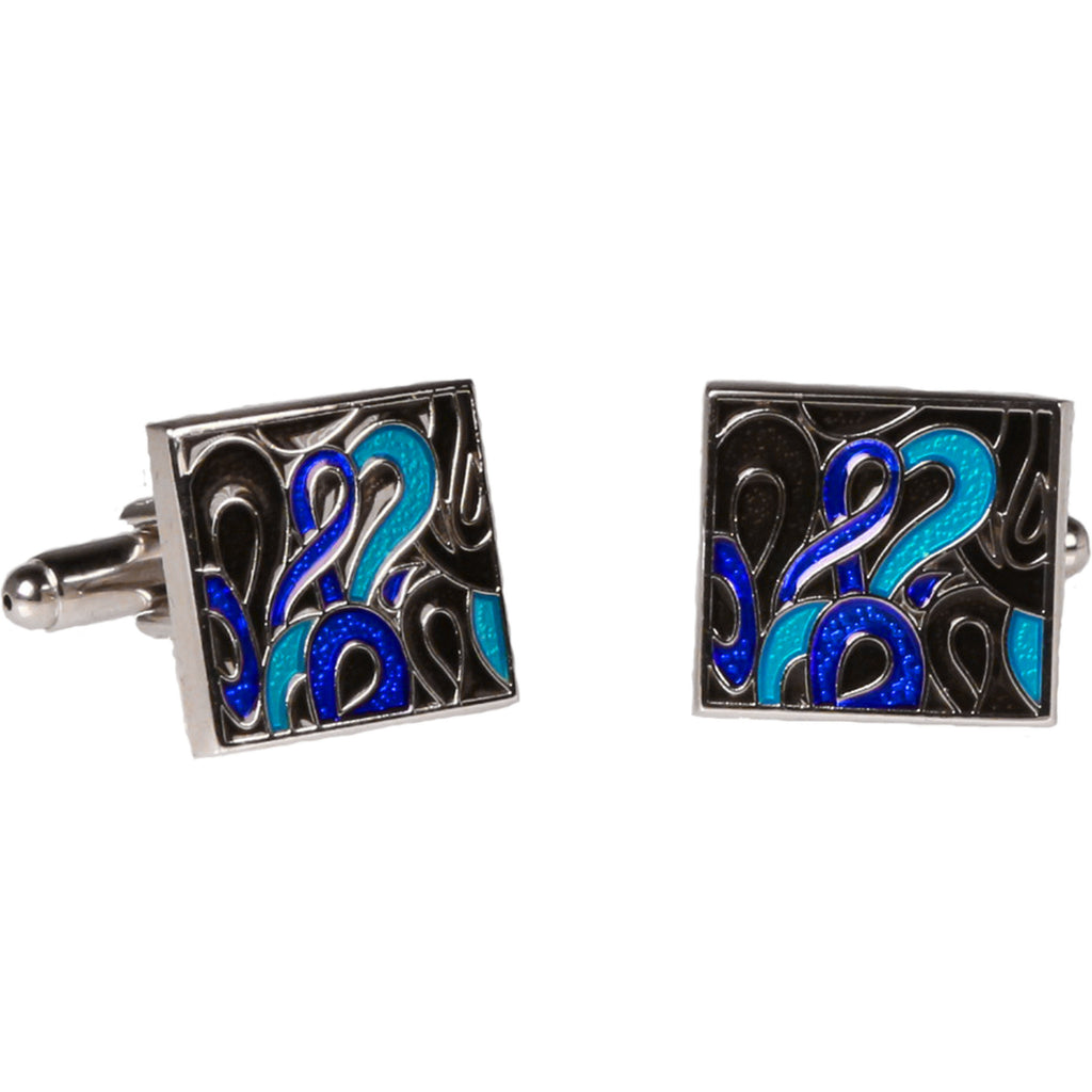 Silvertone Square Blue Geometric Pattern Cufflinks with Jewelry Box - FHYINC best men