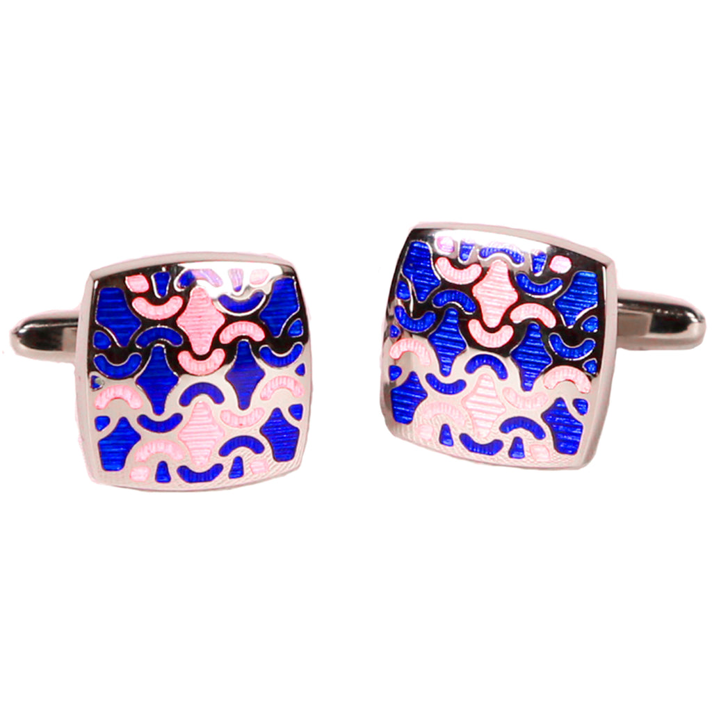 Silvertone Blue/Orange Geometric Pattern Cufflinks with Jewelry Box - FHYINC best men