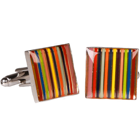 Silvertone Square Multicolor Stripe Cufflinks with Jewelry Box
