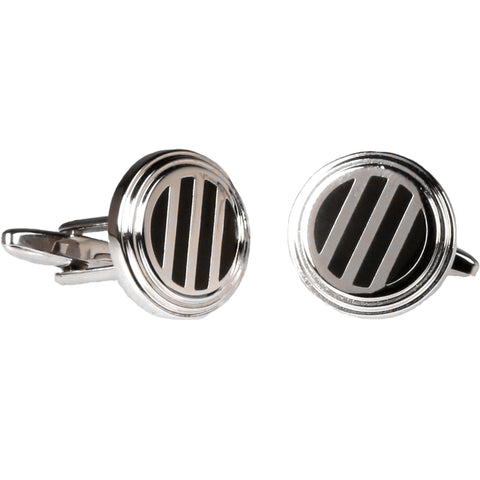 Silvertone Circle Black and Silver Cufflinks with Jewelry Box