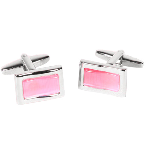 Silvertone Rectangle Pink Gemstone Cufflinks with Jewelry Box