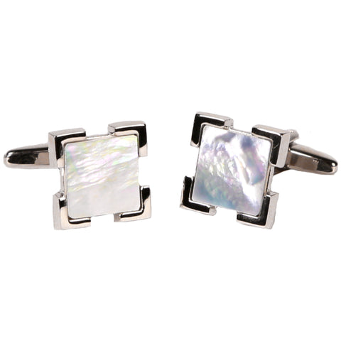 Silvertone Square Blue Pearlized Gemstone Cufflinks with Jewelry Box
